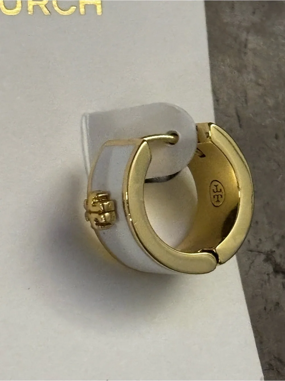 Tory Burch Shiny Gold Mini Hoop Earrings with white enamel brand new
